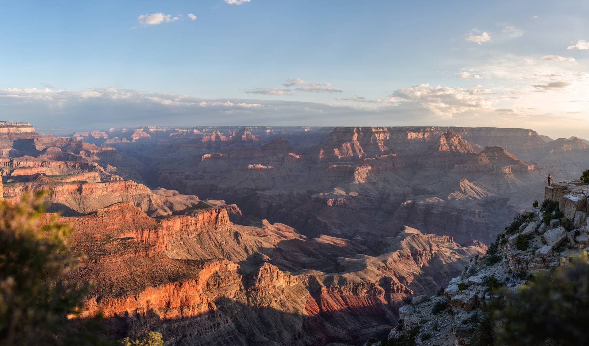 A lone figure stands at the edge of a vast canyon overlook at golden hour