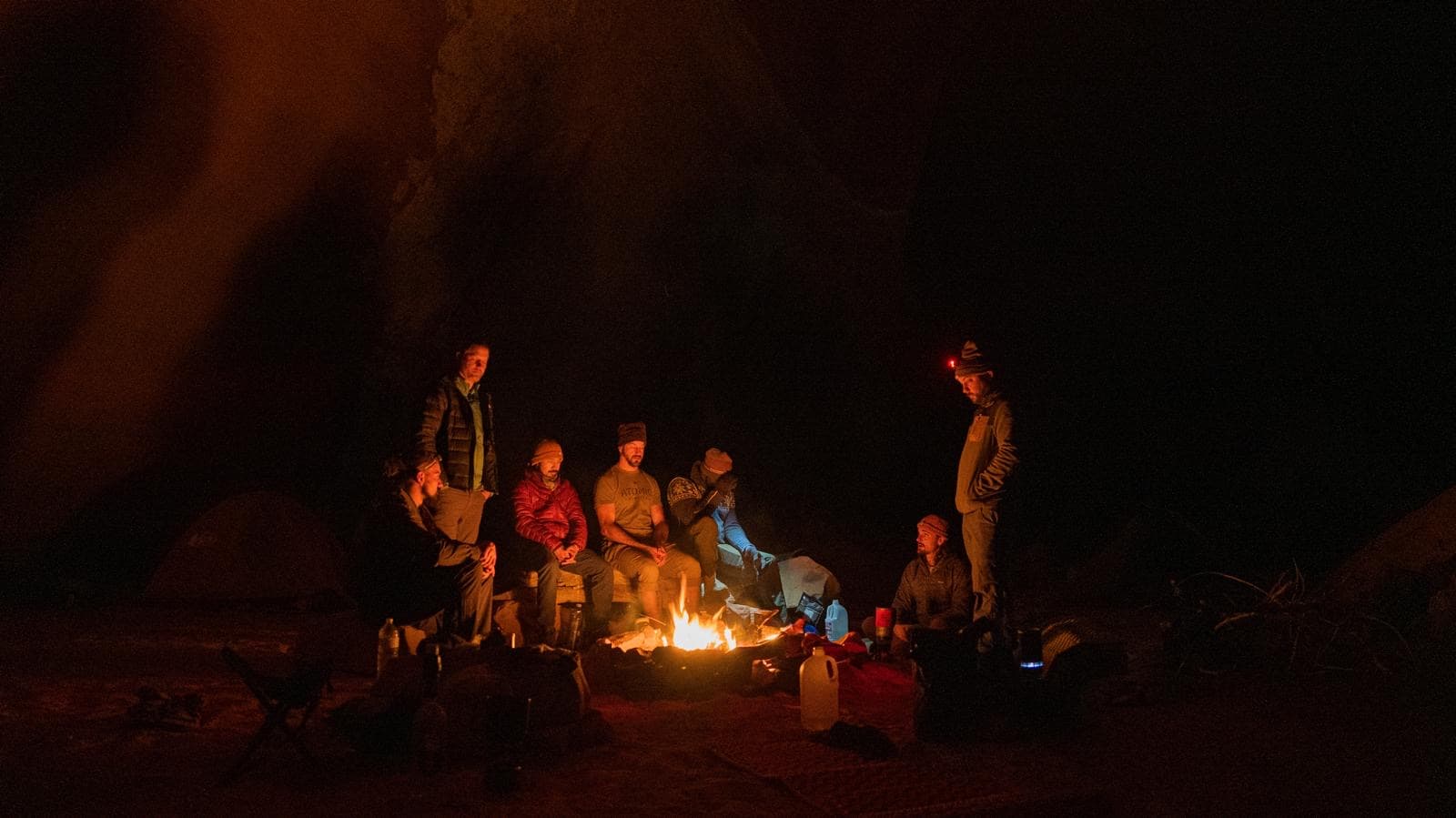 Campfire in the canyon at night